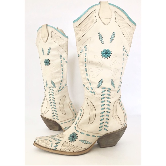 bebe Shoes - Bebe White Blue Beaded Women's Cowboy Boots Size &